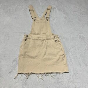 Love Tree Denim Overall Skirt Womens Small Khaki Tan Distressed Raw Hem